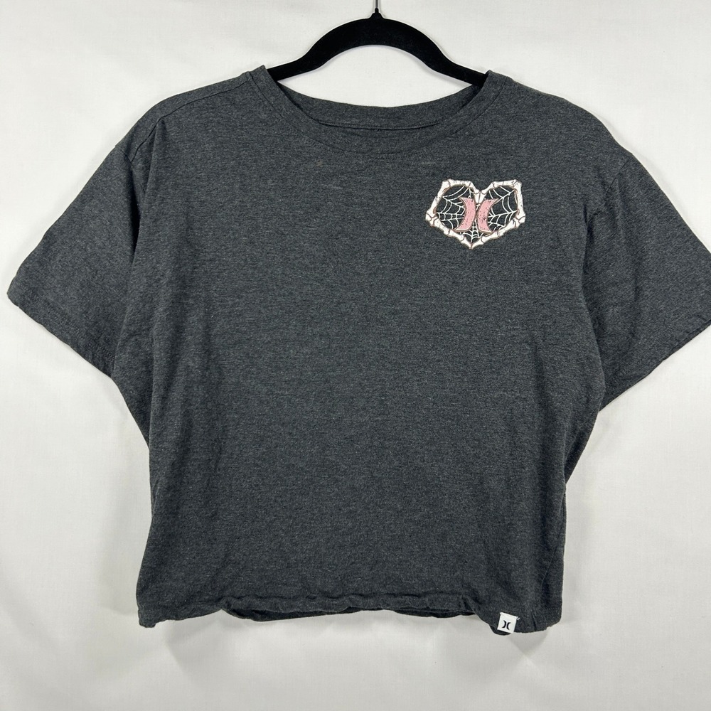 Hurley Dark Gray Skeleton Hand Heart Graphic Short Sleeve T-Shirt YouthXL